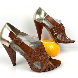 MISS SIXTY Leather Brown & Gold Sandal Cone Heels
